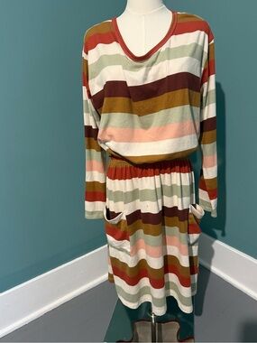 Betsey’s Boutique Shop XL Stripe Dress Pockets Long Sleeve Soft Stretch Boho